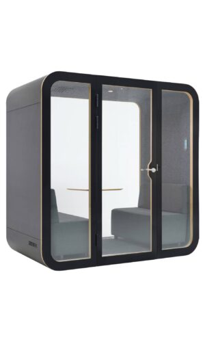 Rua+ Pod soundproof meeting pod for up to four people, designed for face to face meetings and hybrid collaboration in open-plan offices.