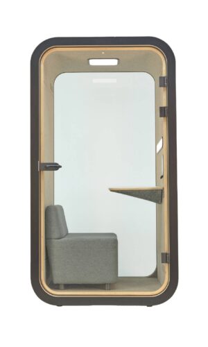 Tahi+ Pod smart single-user office phone booth in white with glass door, featuring height adjustable desk and touchscreen panel for open-plan offices.